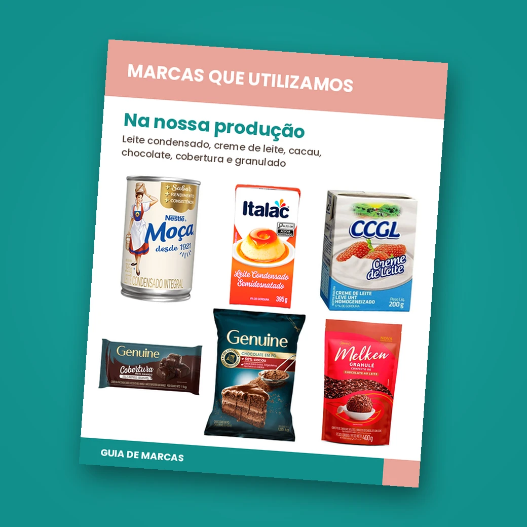Capa do guia com as marcas de leite condensado, creme de leite, cacau, chocolate e granulado que usamos